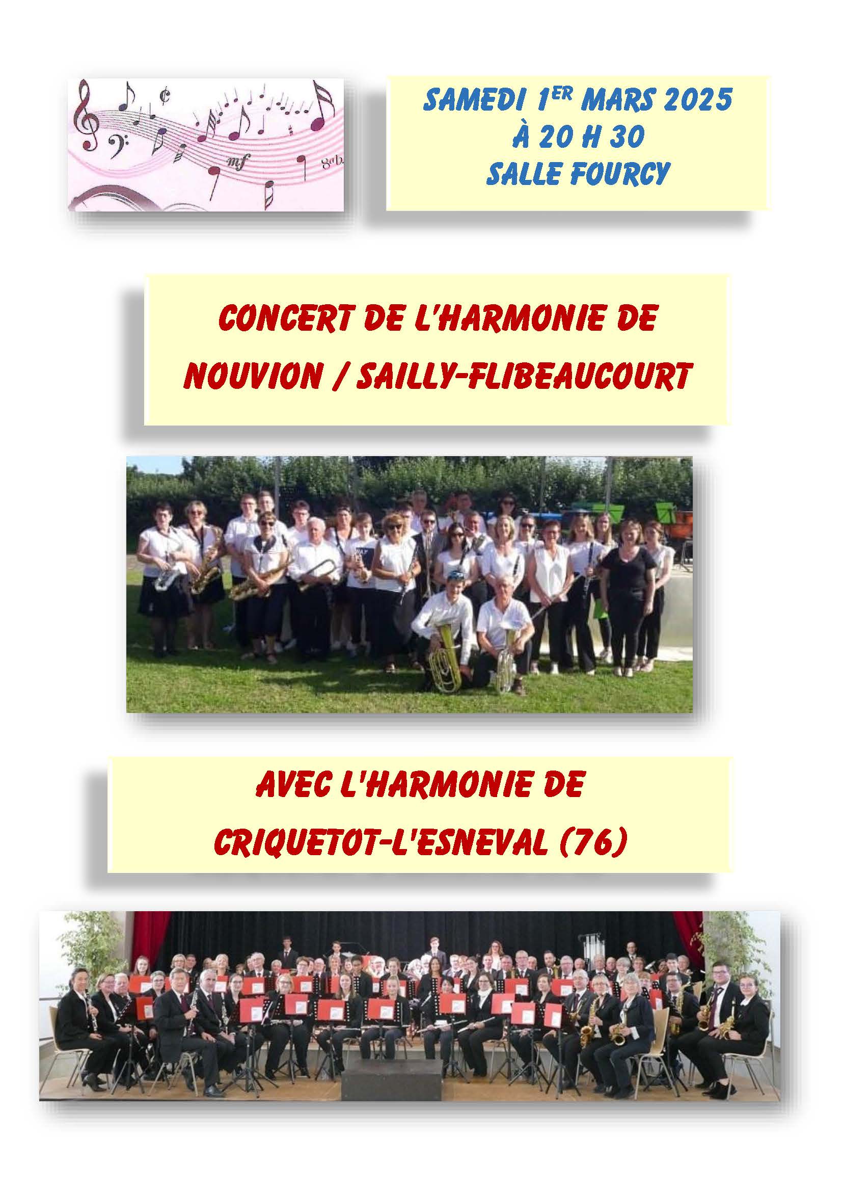 Lire la suite à propos de l’article Concert des harmonies de NOUVION / SAILLY-FLIBEAUCOURT et de CRIQUETOT-L’ESNEVAL